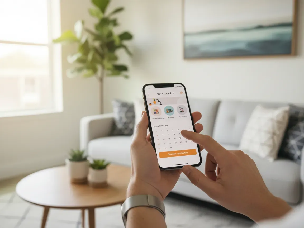 Person tapping a smartphone to schedule a local service, bright minimalist living room softly blurred behind them.
