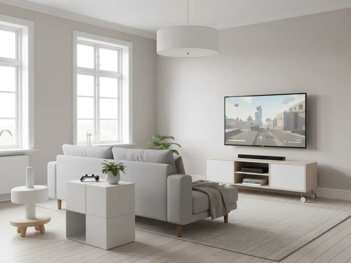 Bright Scandinavian living room with minimalist gaming furniture, TV console, controller side table, and sofa in soft daylight.