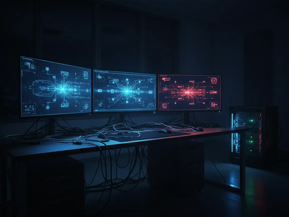 Corporate desk at night with glowing monitors showing cybersecurity networks and a server rack in the background.