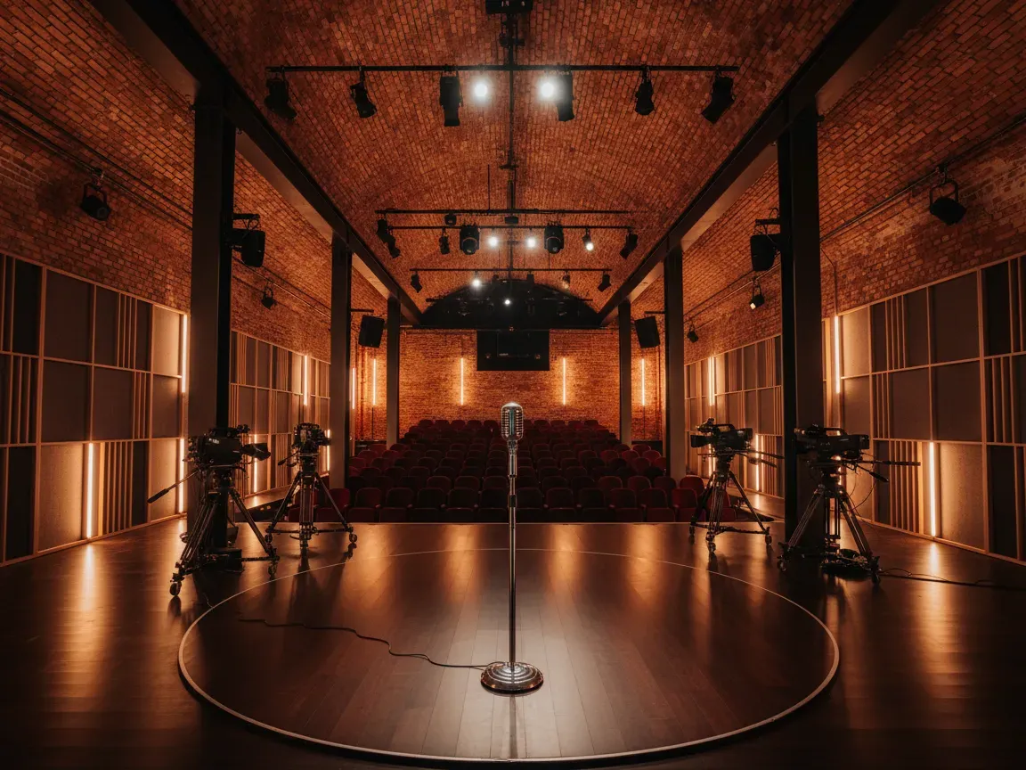 Empty brick concert stage with warm lighting, acoustic panels, vintage microphone, and broadcast cameras on rigs.