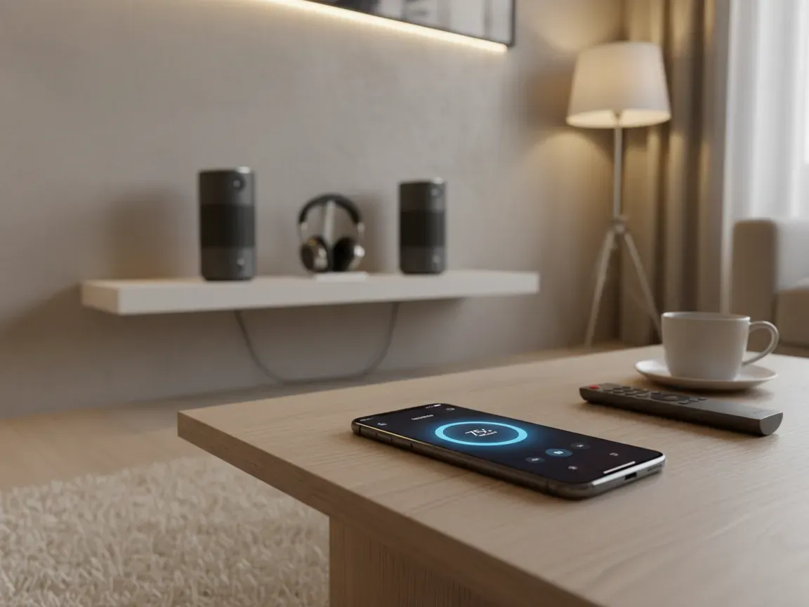 Smartphone showing a volume app on a coffee table in a modern living room with smart speakers and headphones in the background.