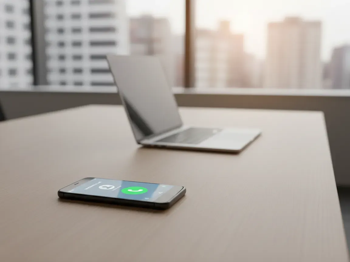 A glowing smartphone showing an incoming call rests on an empty wooden office desk, with a blurred laptop behind.