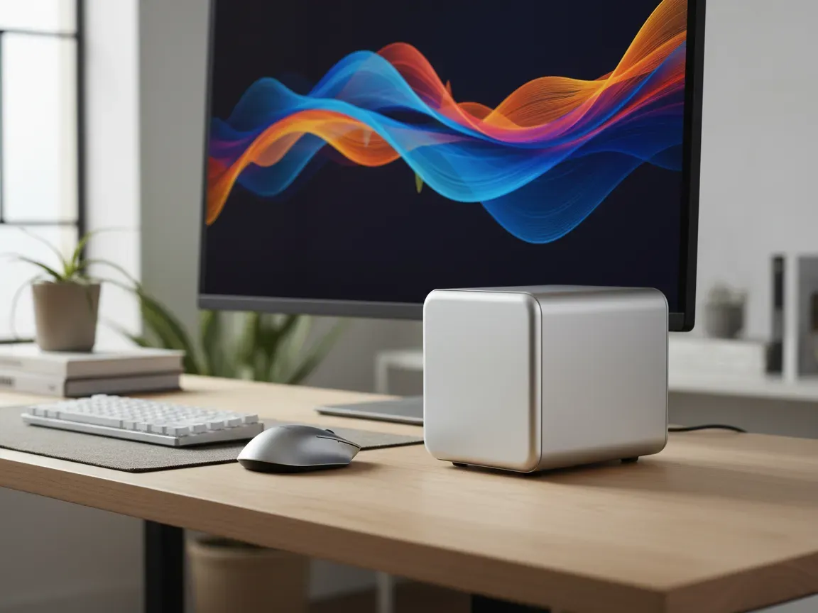 Aluminum mini desktop computer on a wooden desk with a monitor showing waveforms, a keyboard, and a mouse.