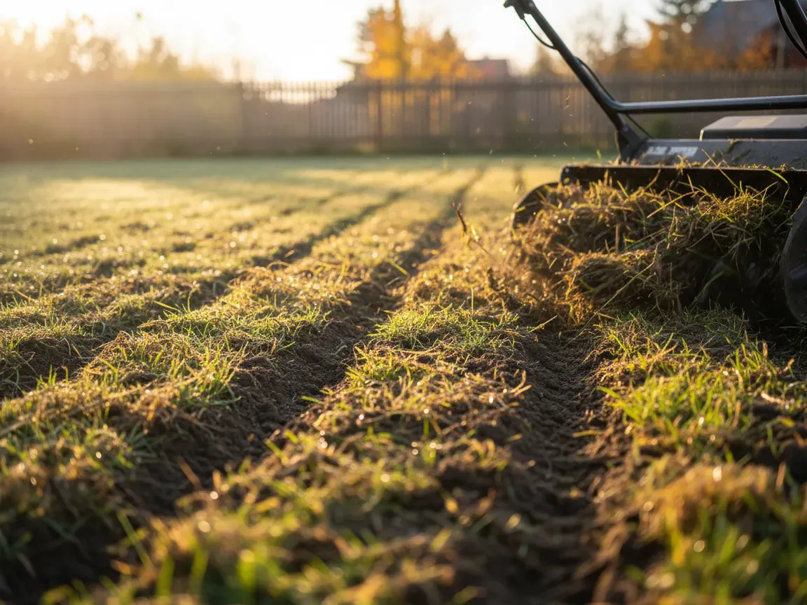 A close-up of a lawn scarifier machine cutting through dry autumn grass, revealing dark soil and green grass beneath.