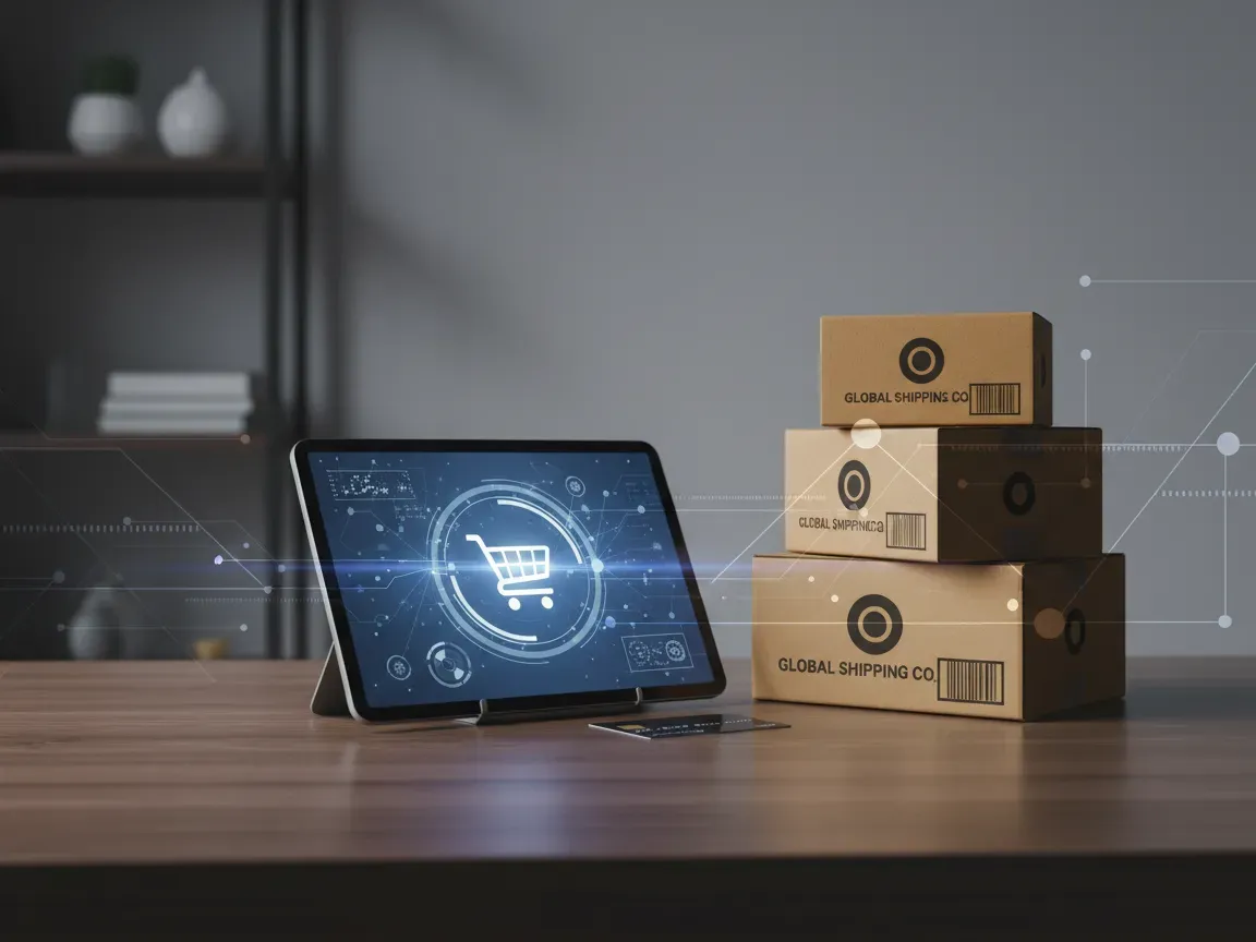 Modern desk setup with glowing tablet, small shipping boxes, credit card, and digital lines on dark wood.