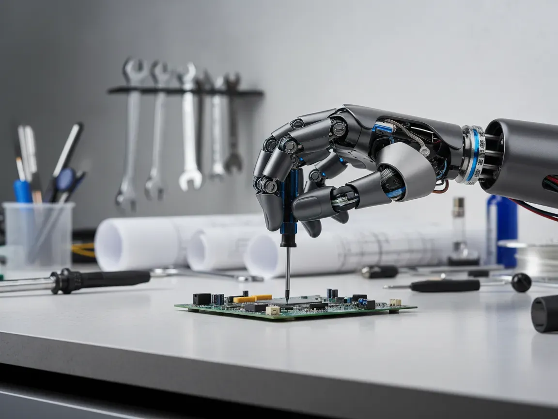 Advanced metallic robotic hand holding a screwdriver on a modern laboratory workbench under bright studio lights.