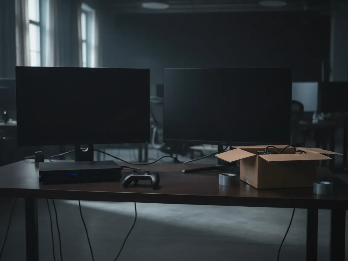 Empty, dimly lit game studio desk with a console, controller, dark monitors, and a cardboard moving box.