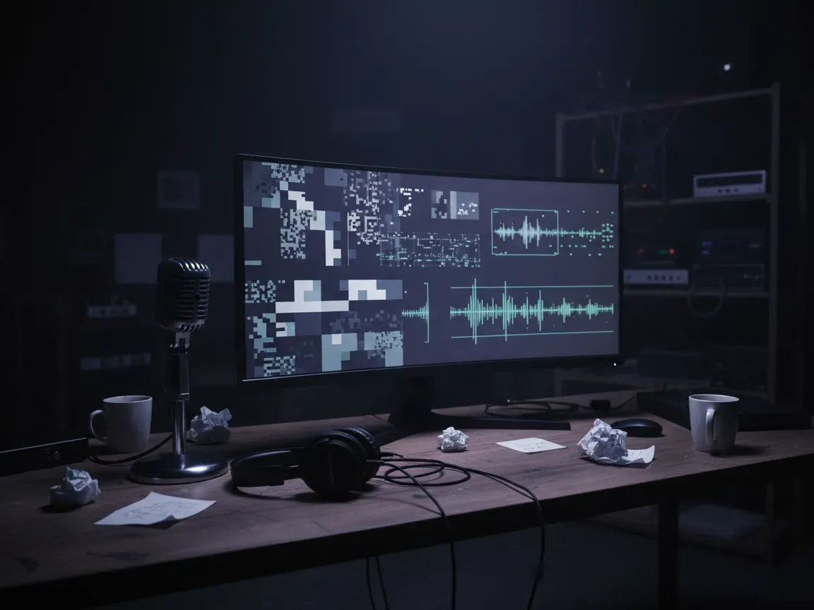 Dark, empty editing studio with a glowing monitor showing sound waves, vintage microphone, and headphones on a desk.