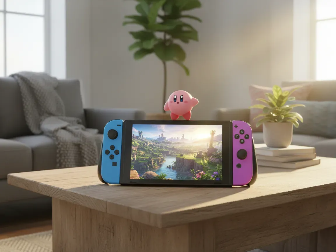 A modern game console on a table in a sunlit room; screen shows a pink hero on a cliff overlooking a fantasy world.