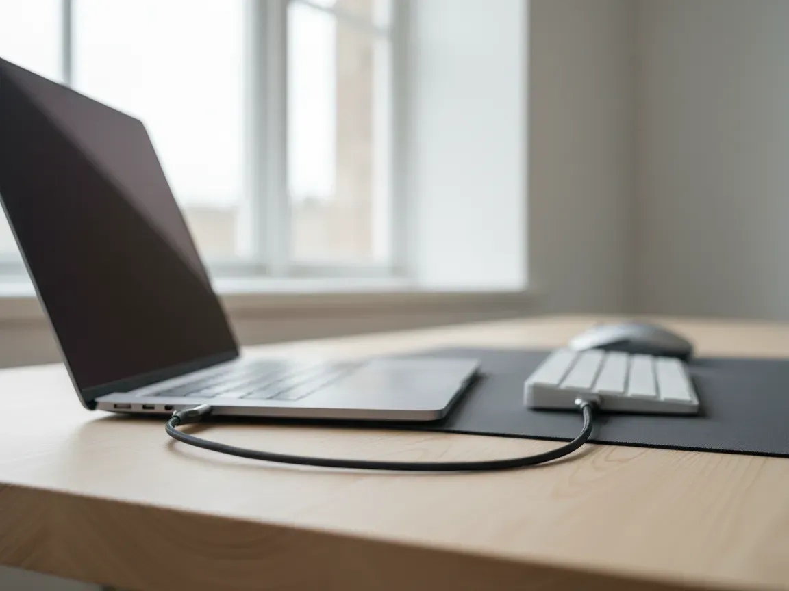 Close-up of a sleek USB cable plugged into a laptop on a modern desk with a blurred keyboard in the background.
