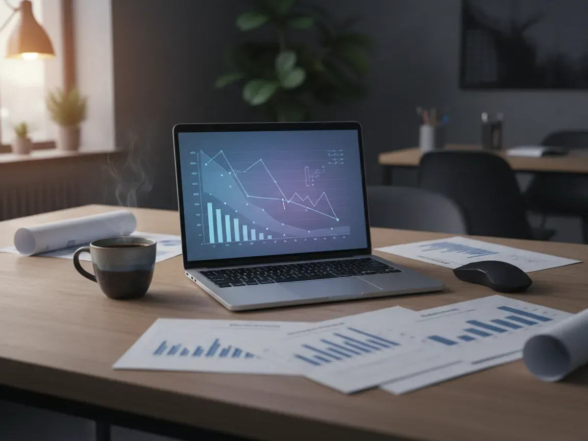 Laptop with declining trend charts, printed reports, coffee cup, and mouse on a wooden desk under moody lighting.