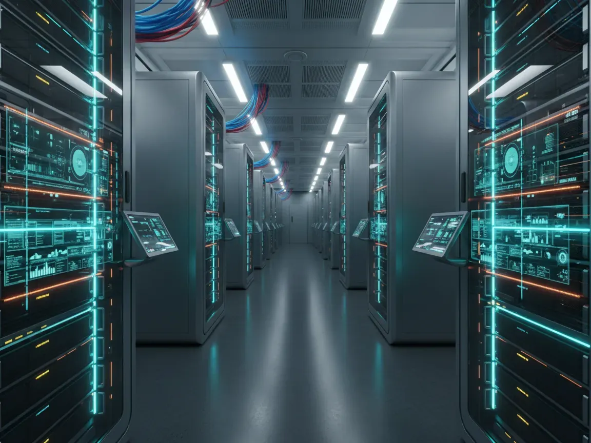 Futuristic data center hallway with glowing server racks, sleek hardware, and soft cyan and amber LED lighting.