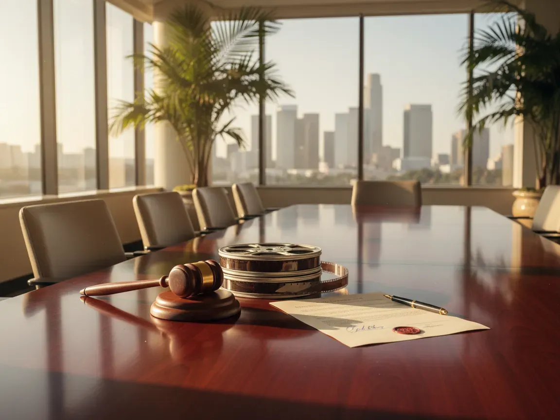 A wooden gavel, vintage film reels, and a signed legal document on a polished boardroom table in sunlight.