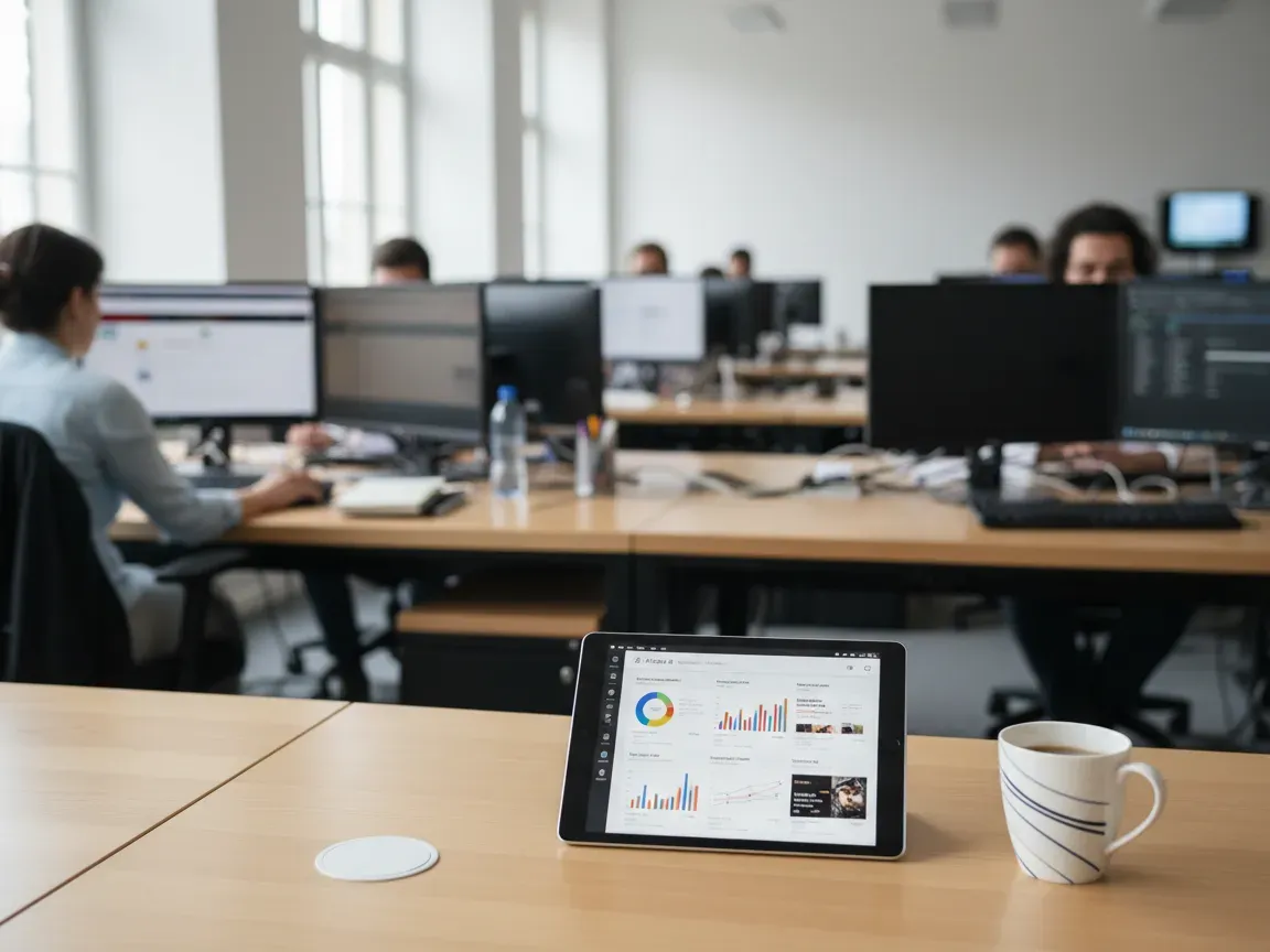 Journalists working in a bright modern newsroom, foreground tablet showing editorial layout beside a coffee mug.