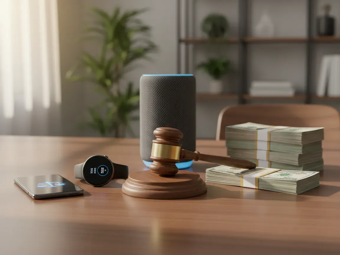 A smartphone, smartwatch, and smart speaker next to a judge gavel and stacks of cash on a wooden desk.