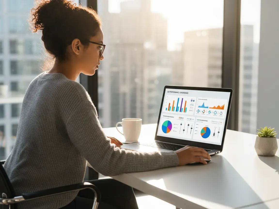 A digital marketing specialist analyzes colorful advertising data charts on a laptop at a modern, sunlit office desk.