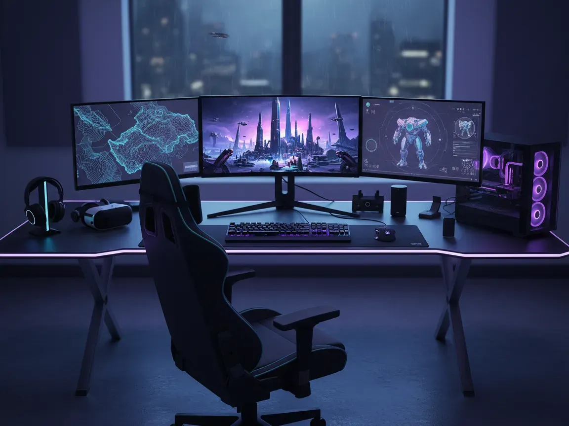 A game developer studio desk with glowing monitors showing sci-fi art, gaming gear, and neon purple and cyan lighting.