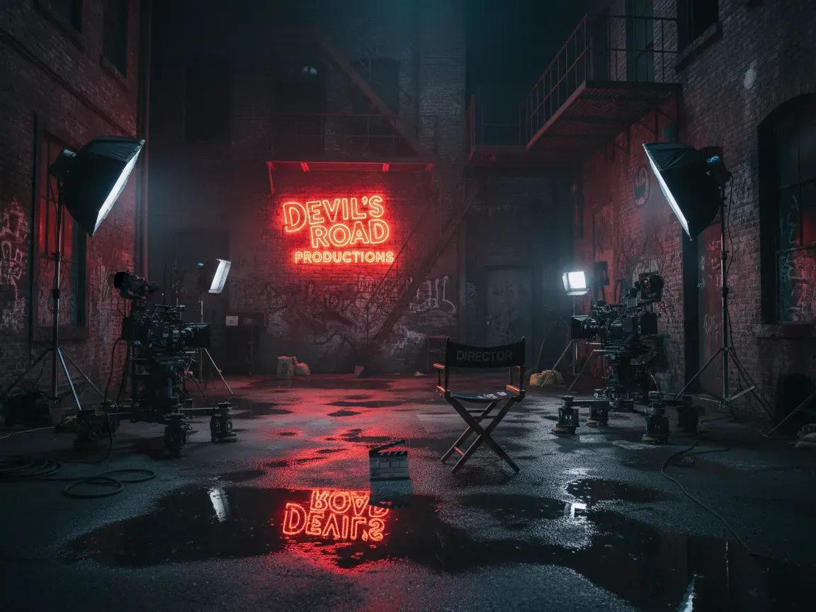 Empty film set of a gritty alley with a director's chair, clapperboard, cameras, and glowing red neon reflections.