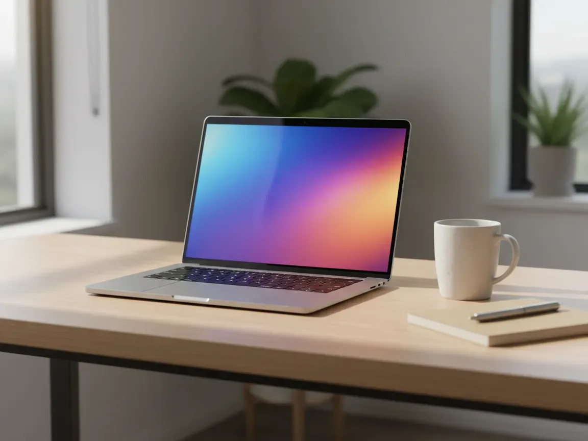 Sleek aluminum laptop open on a wooden desk with a ceramic coffee mug, notebook, and soft morning window light.