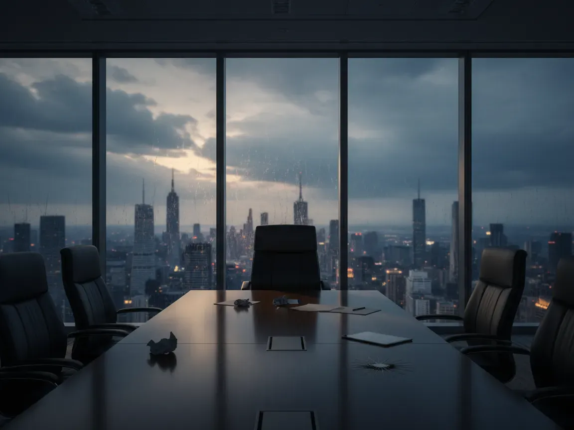 An empty executive chair at a sleek boardroom table overlooking a city skyline in moody, dramatic lighting.