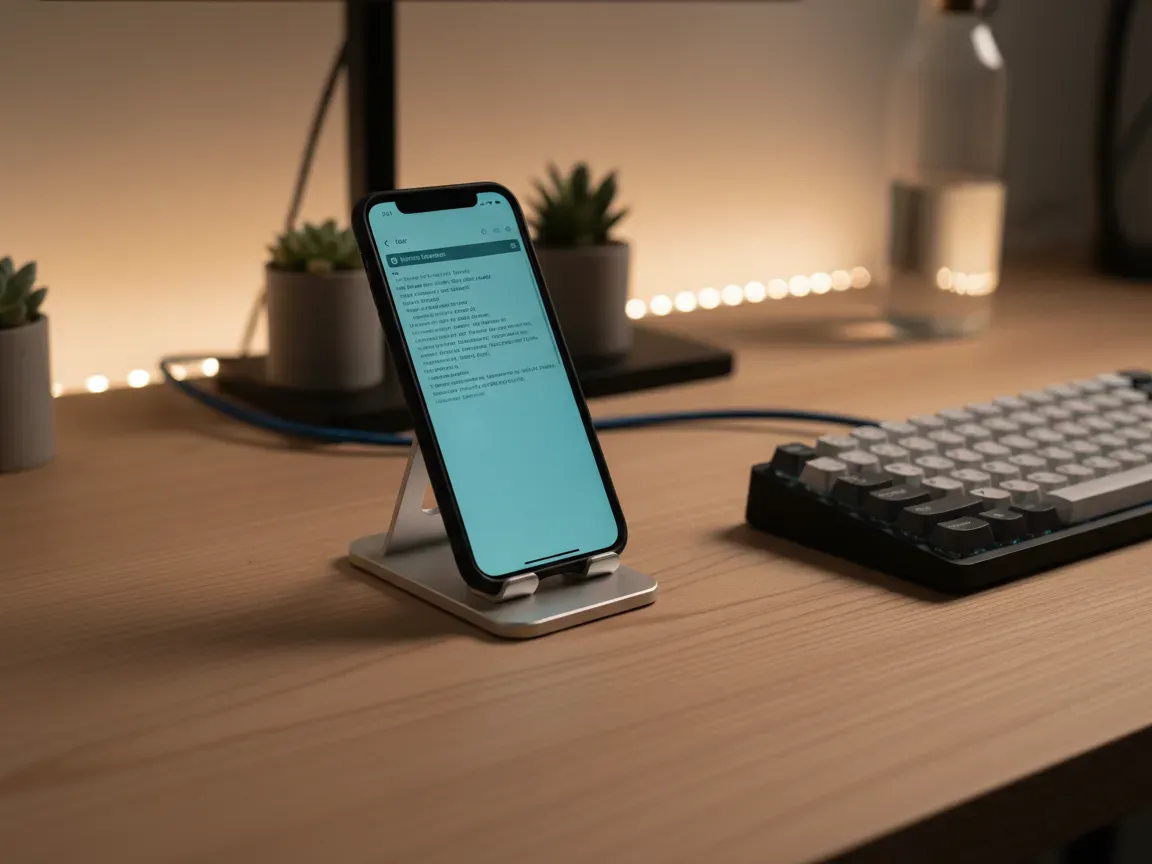 Smartphone on a stand with a glowing terminal screen on a wooden desk next to a keyboard and Ethernet cable.