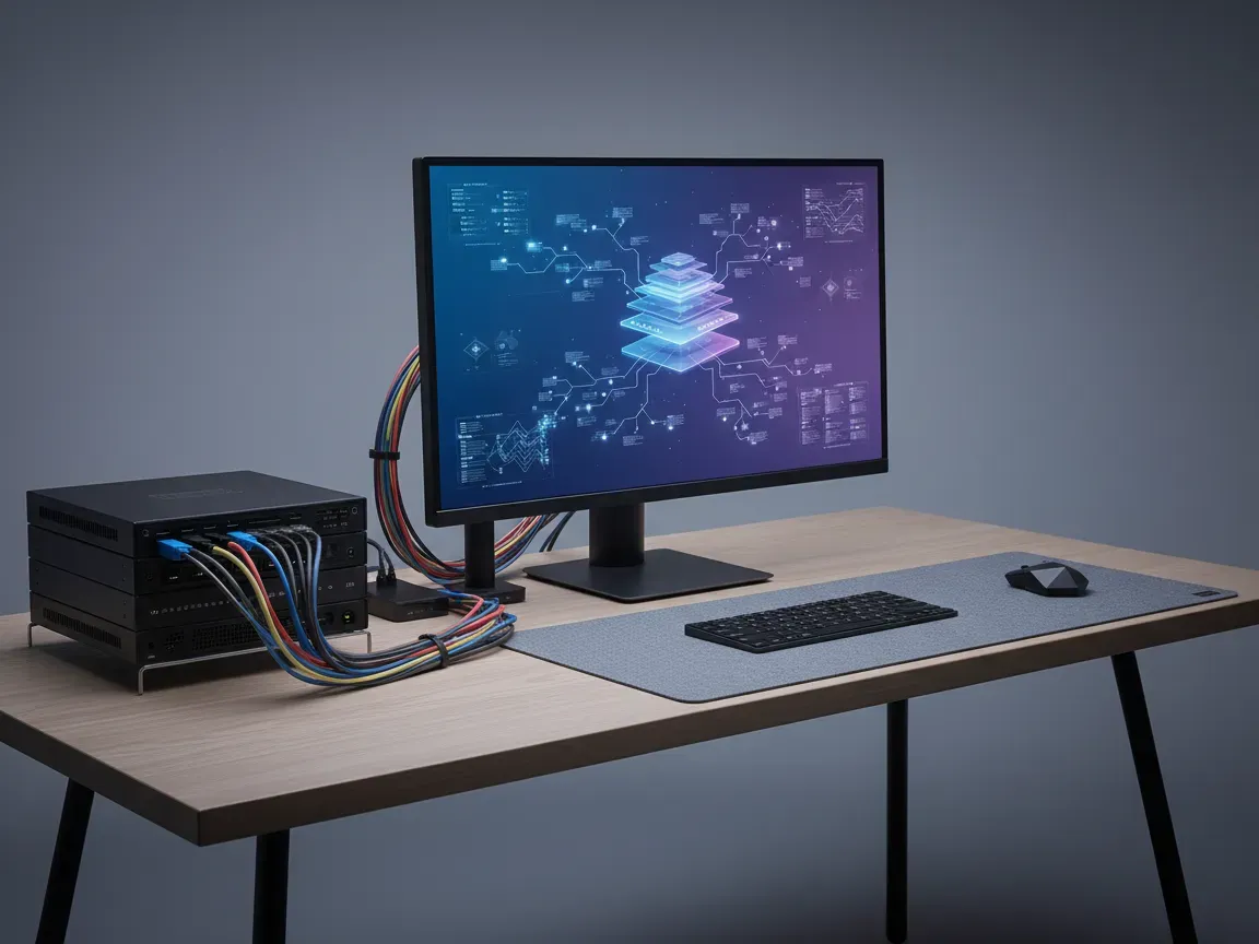 Minimalist desk with a glowing monitor showing data nodes, server hardware, and cables in soft ambient lighting.