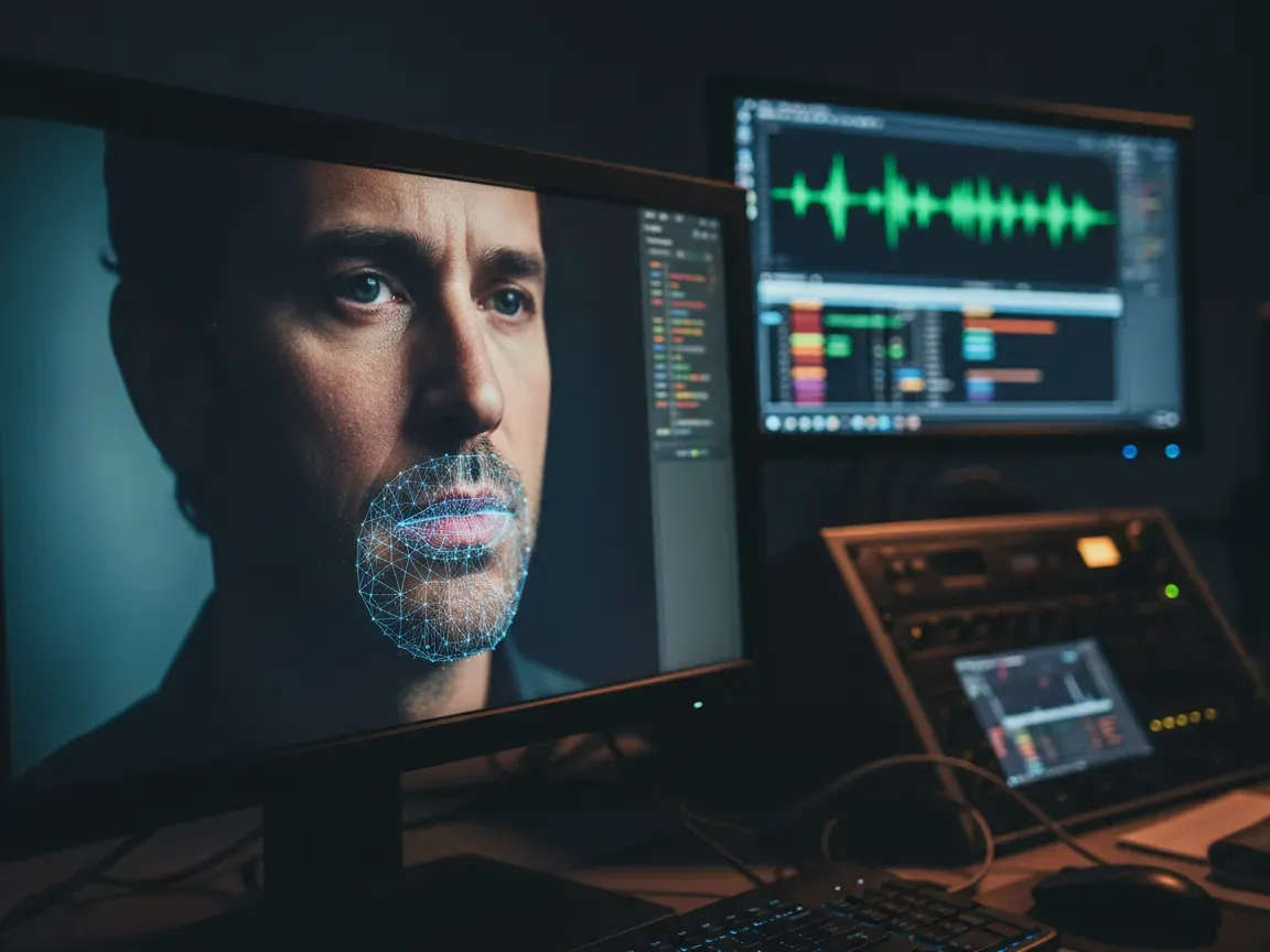 Close-up of a monitor showing an actor's face with digital mesh wireframes, blurred editing studio in background.