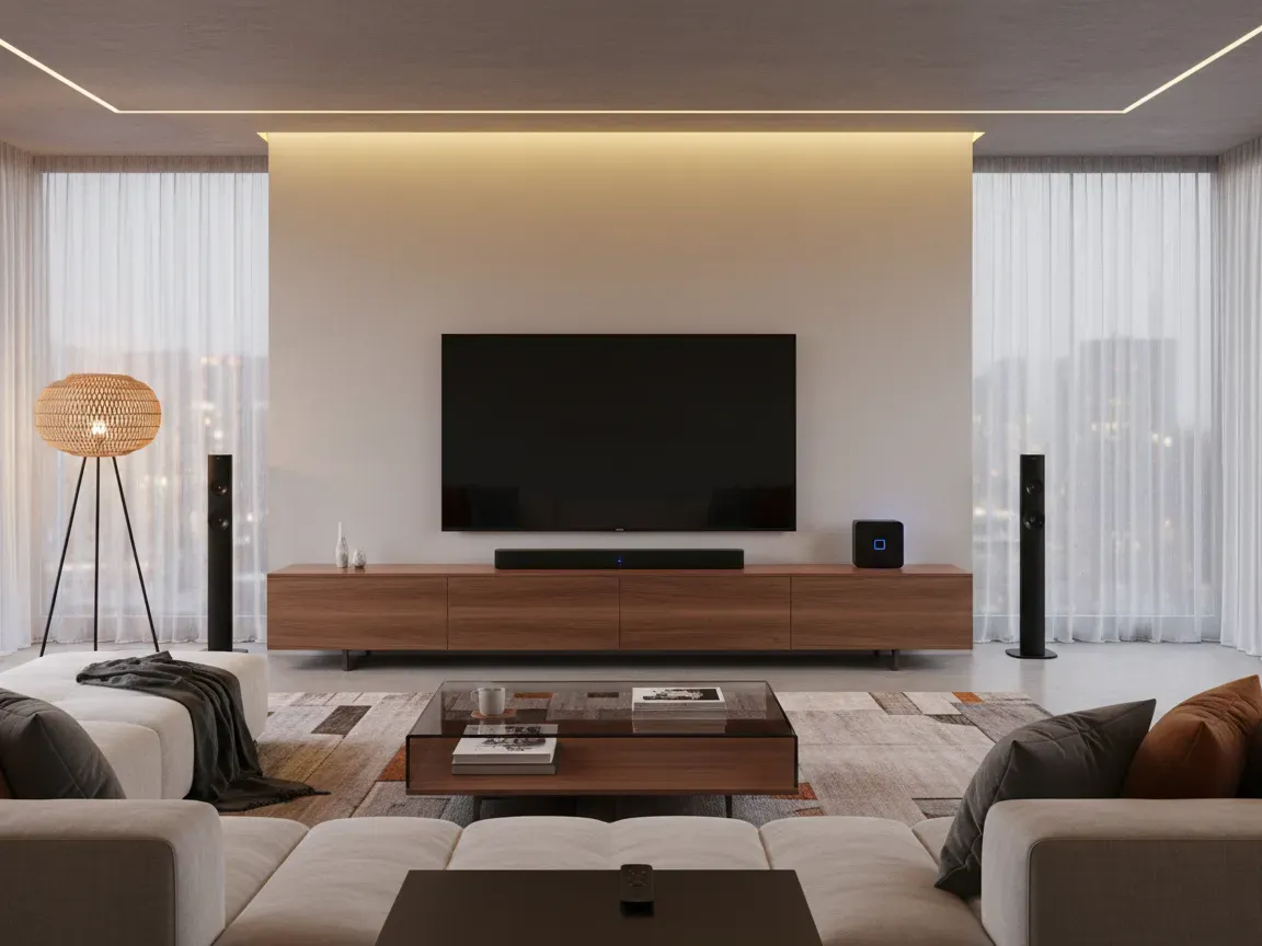 Modern cozy living room featuring a TV, soundbar, streaming media player, and remote under warm ambient lighting.