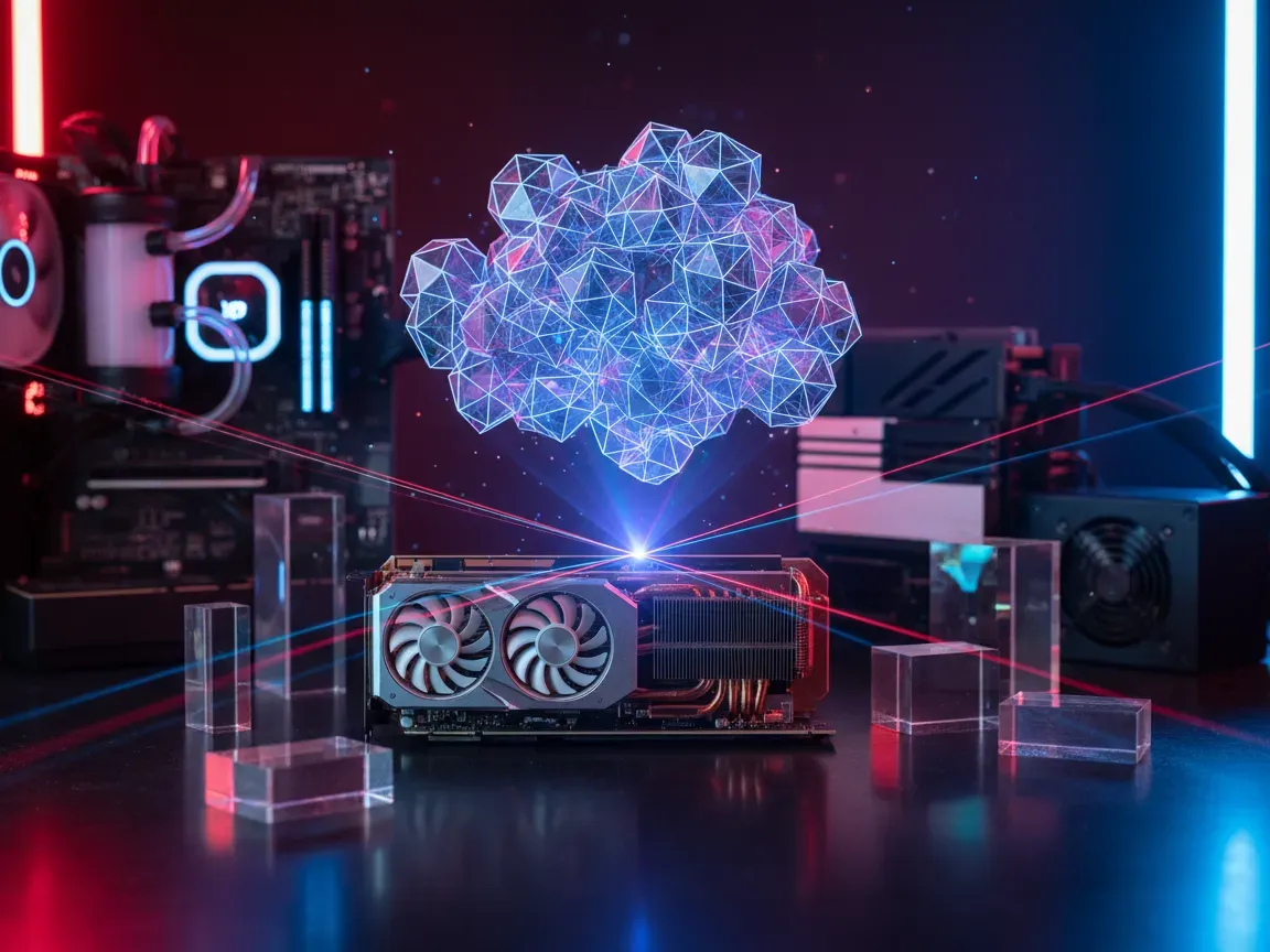 High-tech lab desk with an exposed graphics card, glowing geometric wireframe holograms, and neon ray-tracing light beams.