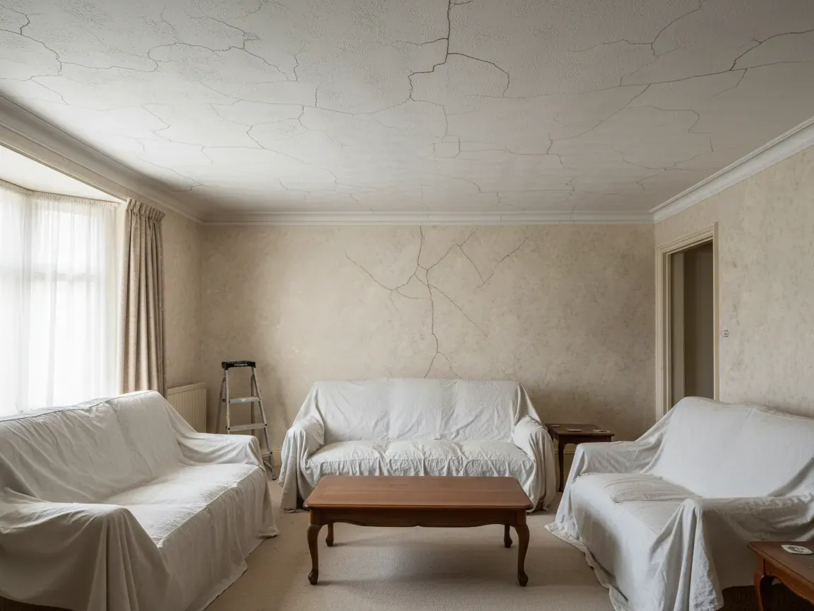 Old British living room ceiling with hairline cracks and sagging plaster under natural window light, furniture covered below.