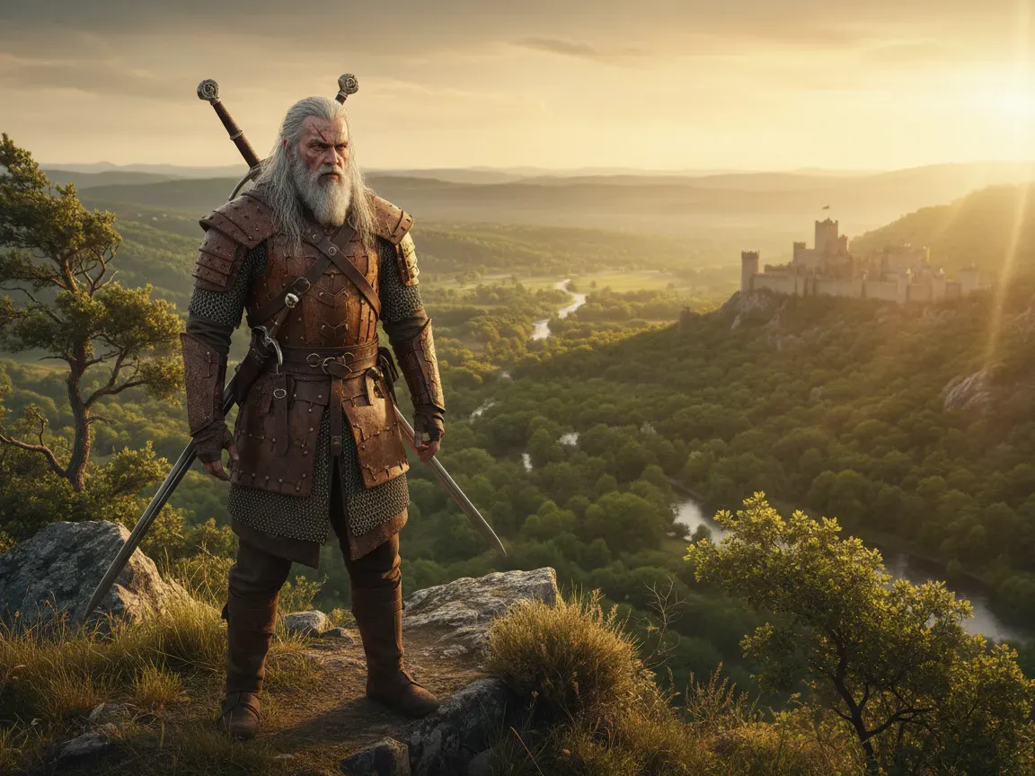 A white-haired armored warrior with two swords stands on a cliff overlooking a sunlit valley and a distant castle.