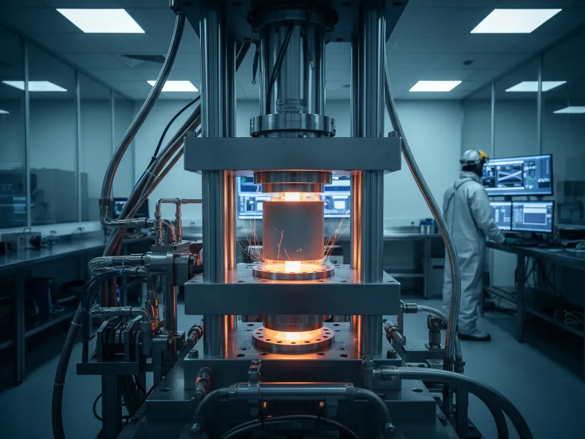 Glowing graphite die between hydraulic presses in a high-tech spark plasma sintering lab with an engineer monitoring.