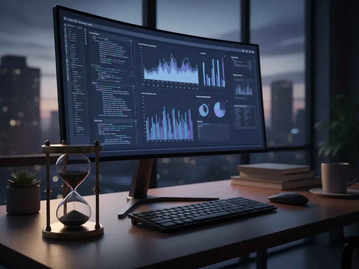 Modern office desk at dusk with a glowing monitor showing data charts and an hourglass with sand running out.