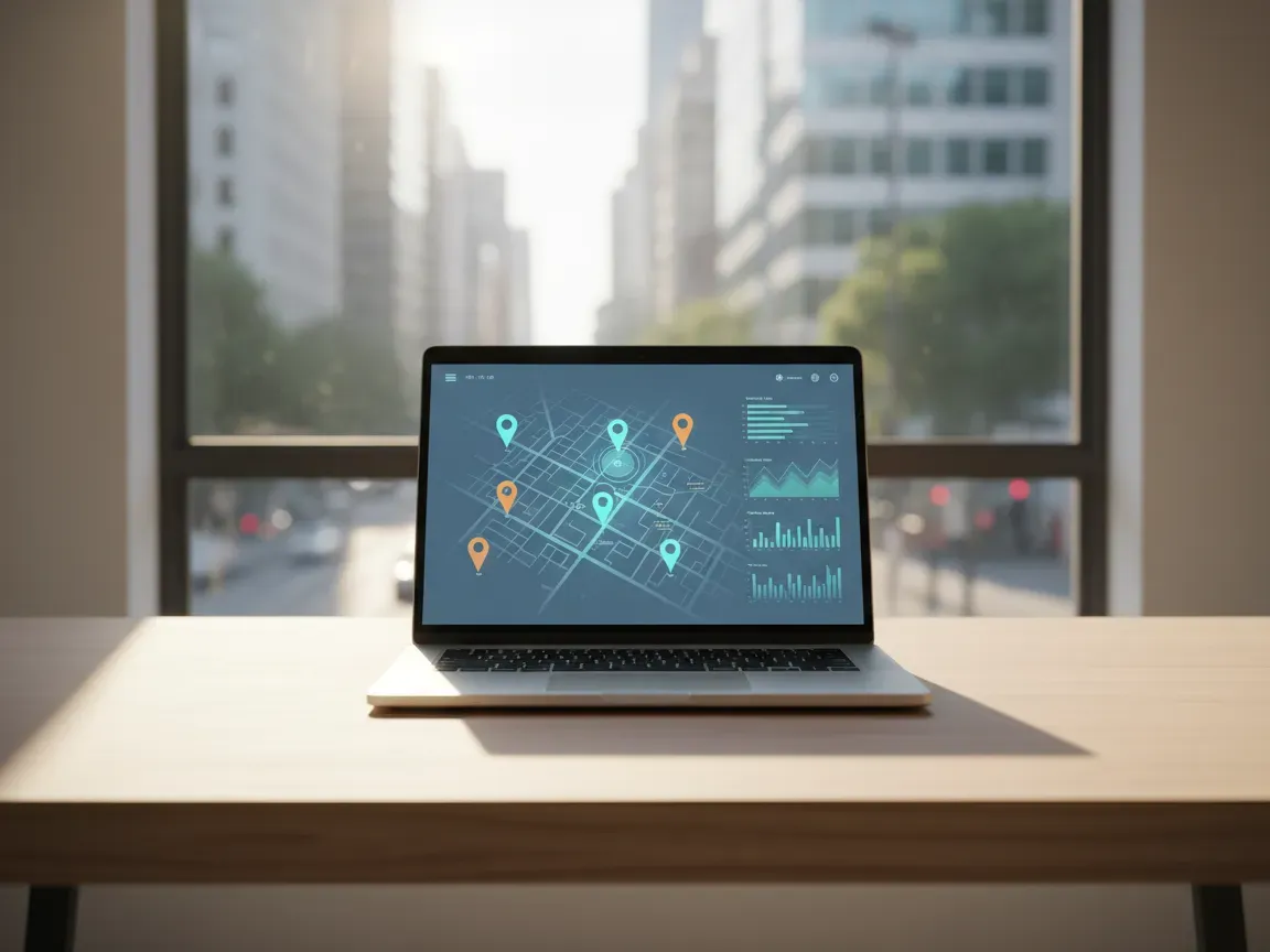 Laptop on a wooden desk showing a digital map interface, with a sunny, blurred city street outside the window.