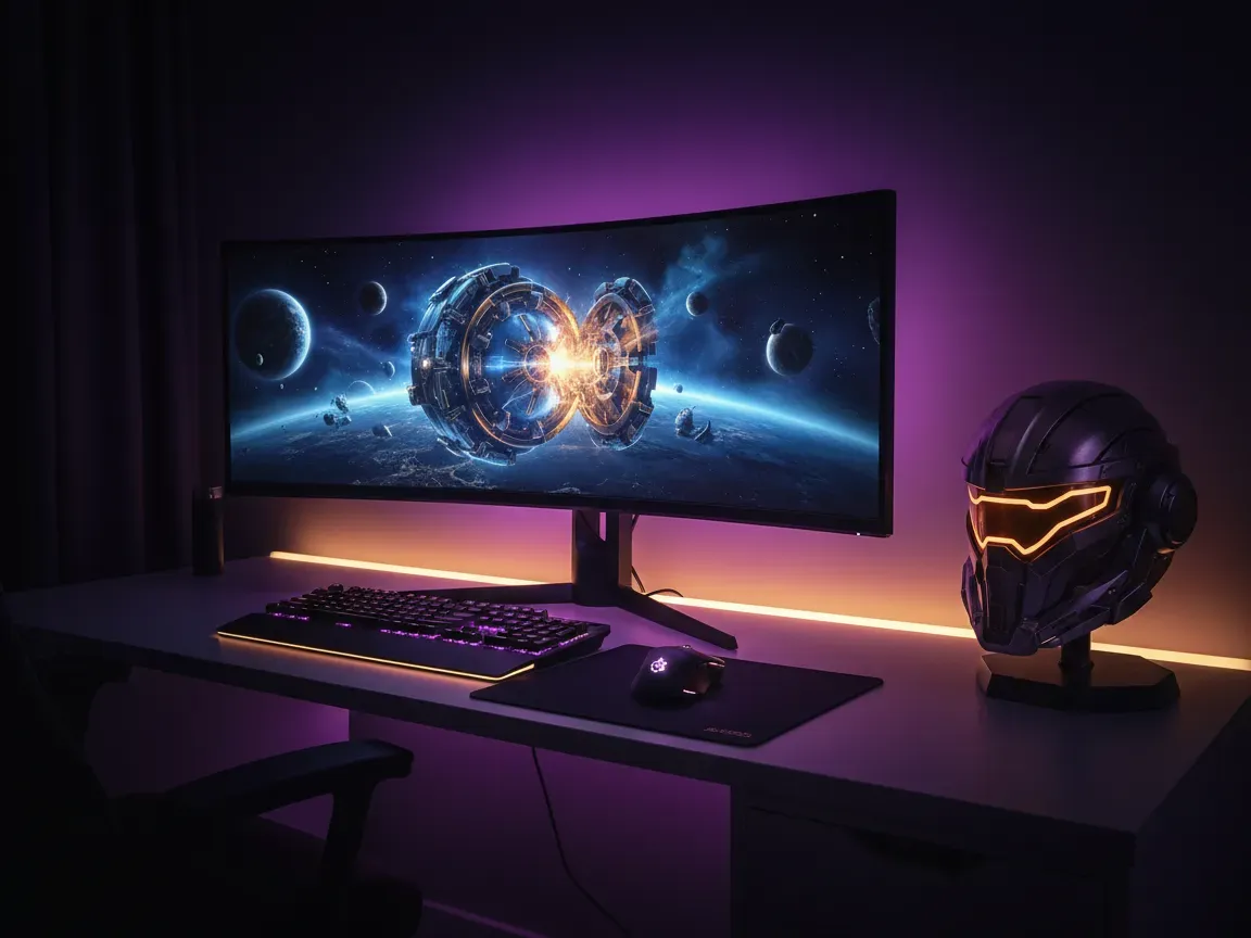 Modern gaming desk with curved monitor showing space scene, lit keyboard, sci-fi helmet, and purple neon glow.