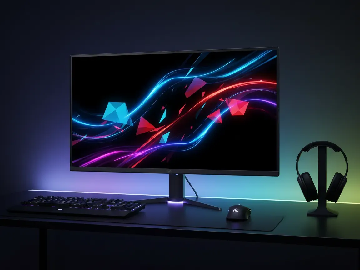 Sleek OLED gaming monitor on a dark minimalist desk displaying vibrant motion graphics with ambient neon backlighting.