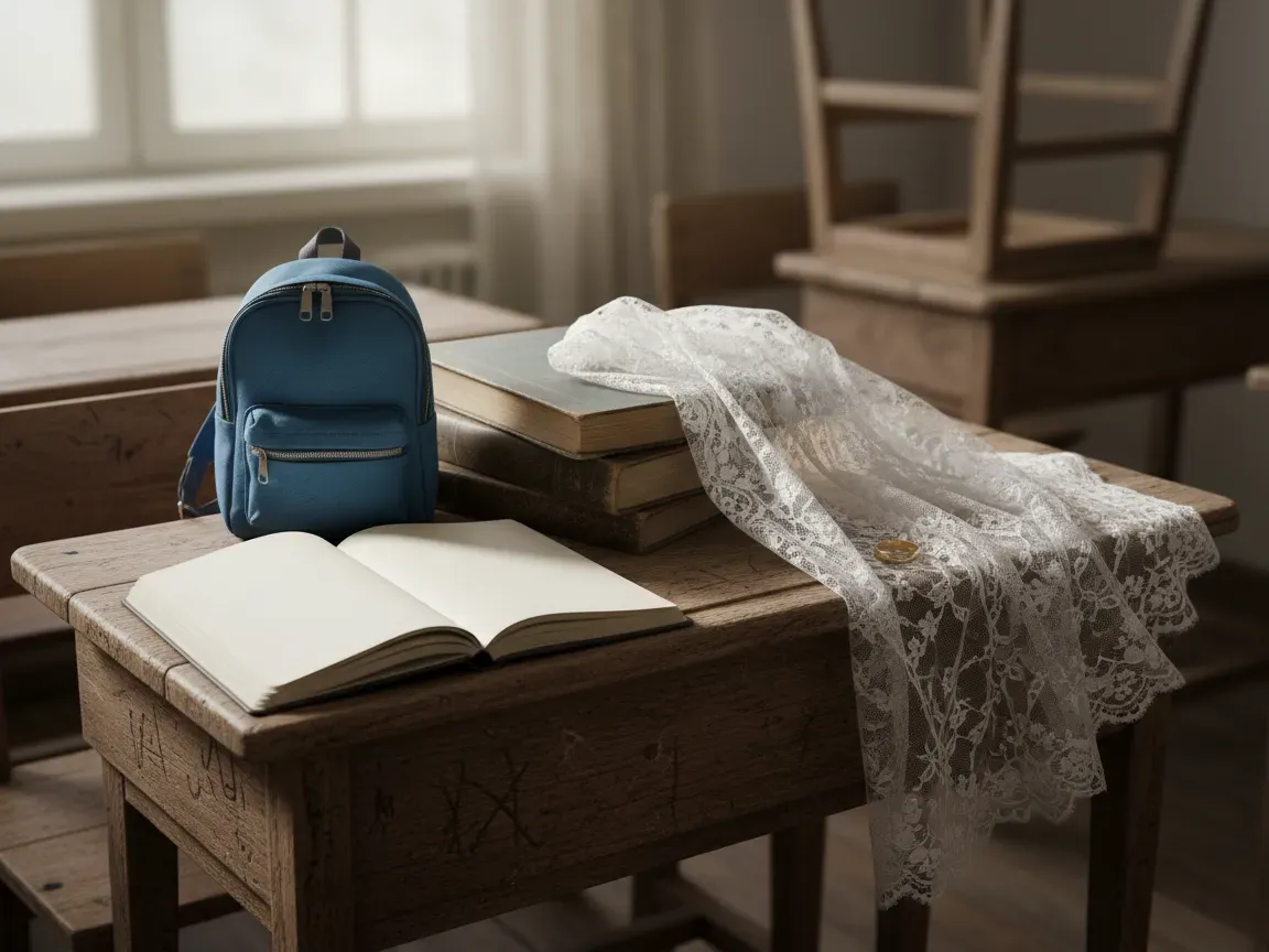 School desk with an open blank notebook, backpack, discarded white bridal veil, and a gold ring in soft light.