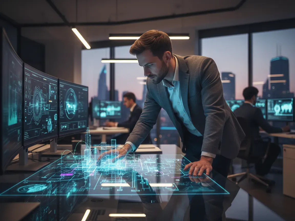 A strategist analyzes a glowing 3D holographic city map on an interactive glass desk in a modern office.