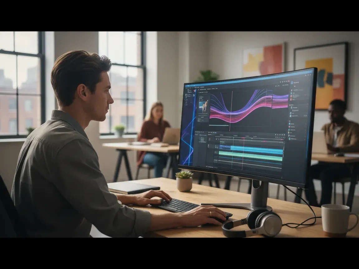 A creative marketer at a sunlit digital agency desk, monitor showing colorful video editing timelines, with plants and cinematic lighting.