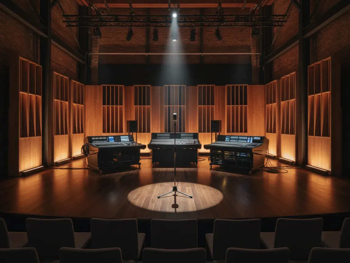 Empty modern performance stage in an industrial venue with warm lighting, wood panels, and a mic stand under a spotlight.