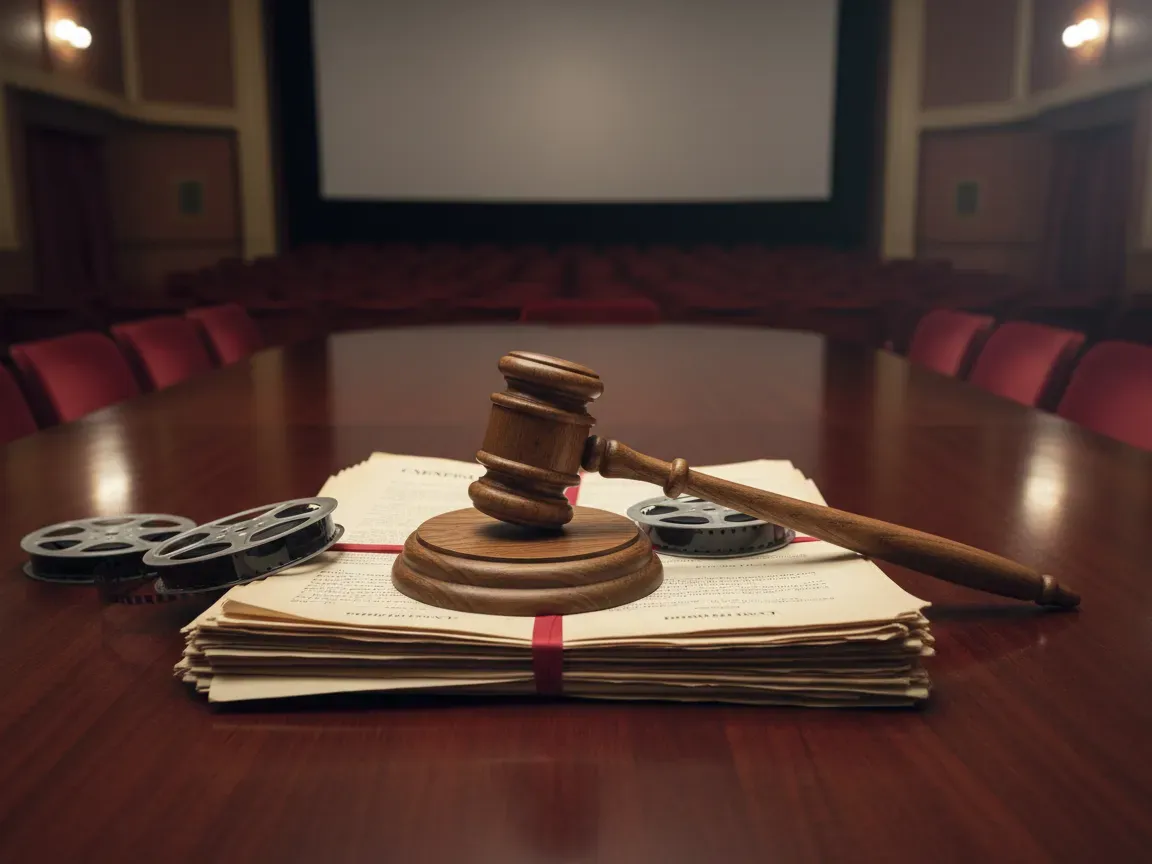 Wooden judge gavel on legal contracts and 35mm film reels on a mahogany table, blurred vintage theater background.
