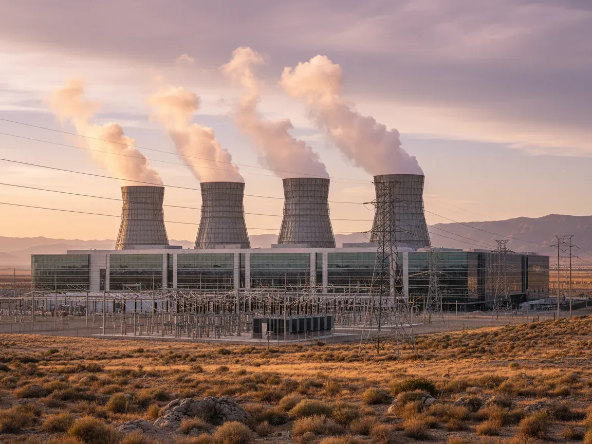 Modern data center facility with cooling towers, vapor, and transformers in a sunny California landscape.