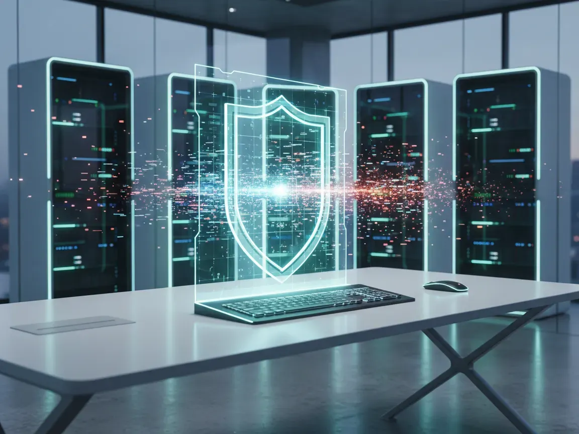 Glowing holographic shield grid on a desk filtering data streams, with blurred glass server racks in cool ambient light.