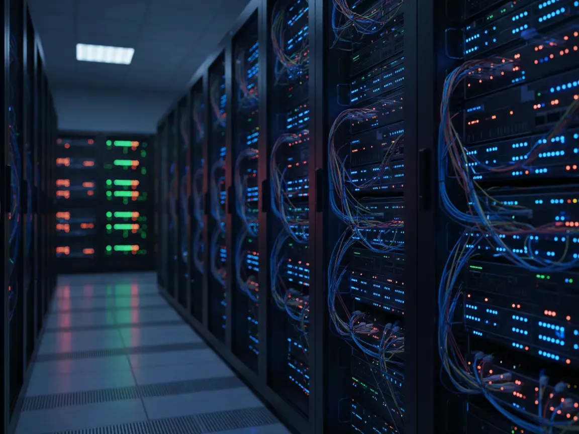 Dark server room with glowing blue and red LED lights on server racks, tangled cables, and sharp depth of field.